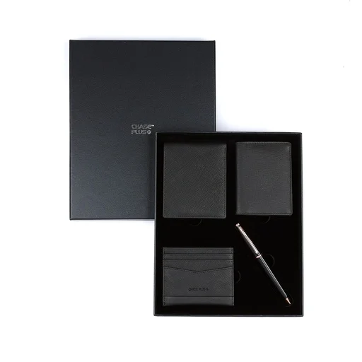 CHASE PLUS Business Gift Set Glasgow Men's Wallet, Credit Card Holder, BCH and Lexer Black Rosegold Pen
