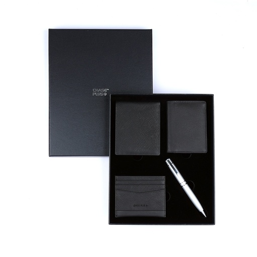 [CMB88921-5] CHASE PLUS Business Gift Set Glasgow Men's Wallet, Credit Card Holder, BCH and Kanora Matt Silver Pen 