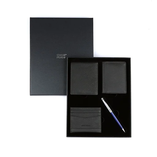 CHASE PLUS Business Gift Set Glasgow Men's Wallet, Credit Card Holder, BCH and Libro Blue Chrome Pen 
