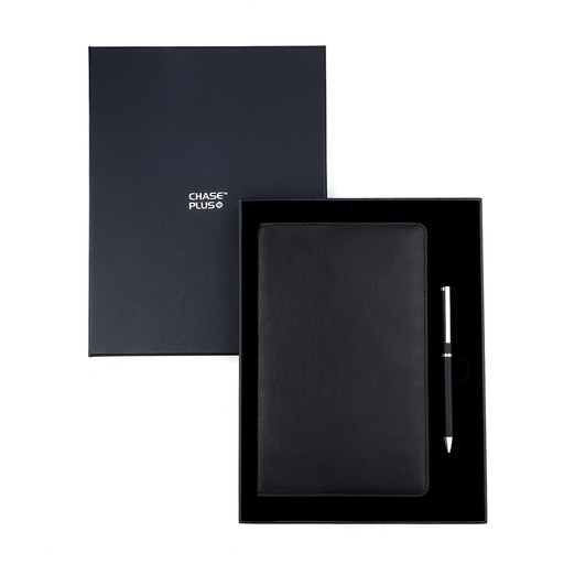 [CMB8890-1] Business Gift Set-Capre Leather Covered Organizer Black and Danza Matt Black Pen