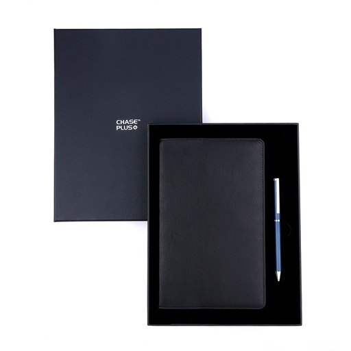 [CMB8890-4] Business Gift Set-Capre Leather Covered Organizer Black and Danza Matt Blue Pen 