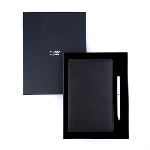 [CMB8890-5] Business Gift Set-Capre Leather Covered Organizer Black and Danza Matt Silver Pen 