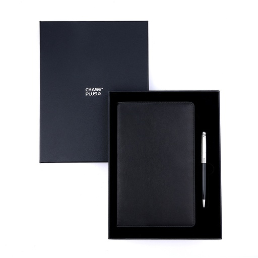 [CMB8891-3] Business Gift Set-Capre Leather Covered Organizer Black and Libro Black Chrome Pen 