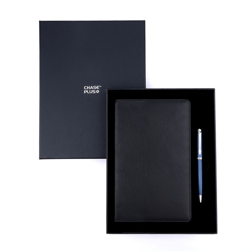 [CMB8891-4] Business Gift Set-Capre Leather Covered Organizer Black and Libro Matt Blue Pen 