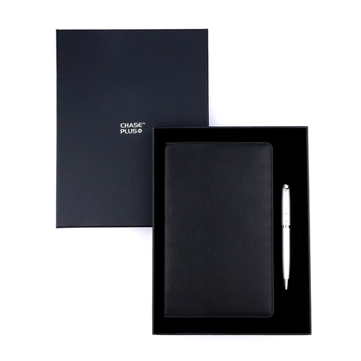 [CMB8891-5] Business Gift Set-Capre Leather Covered Organizer Black and Libro Matt Silver Pen 
